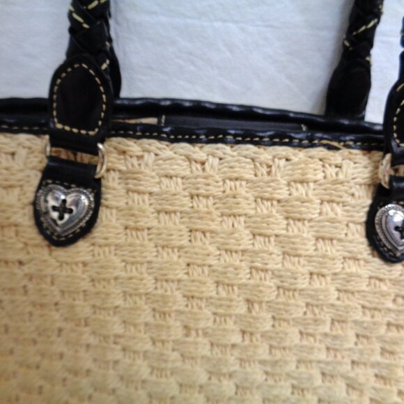Brighton Straw and Black Leather Braided Handles Shoulder Bag Purse - Picture 4 of 12